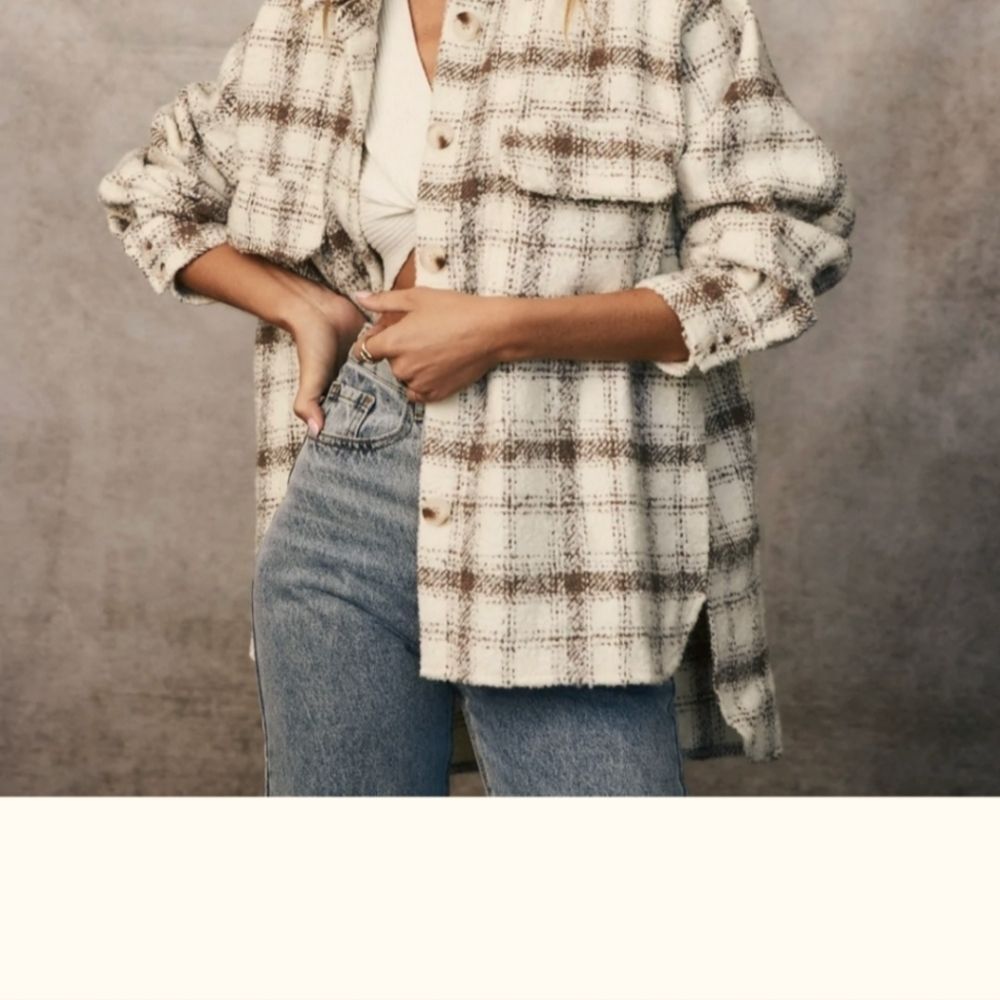 12th Tribe Ivory/Beige Plaid Shacket Boho Cabincore Cozy Jacket Size S Oversized